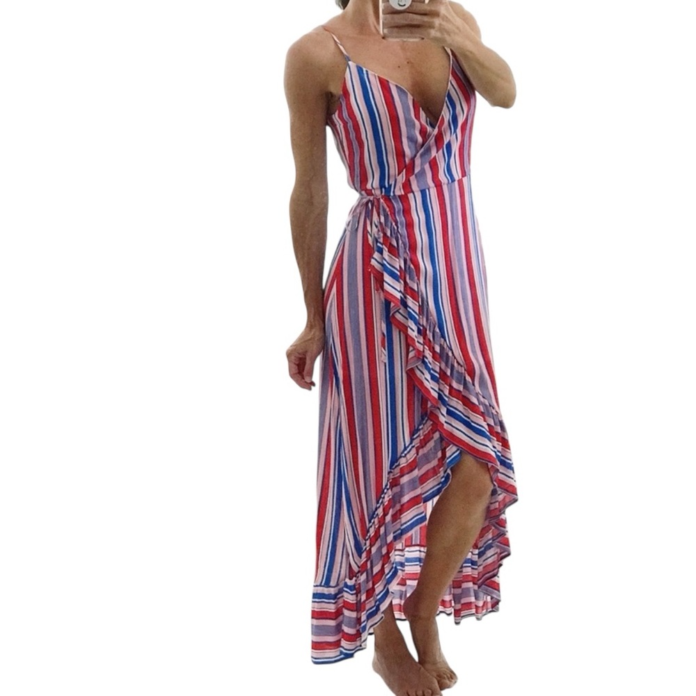 Peach Love California Red, White & Blue Striped Asymmetrical Wrap Maxi Dress
